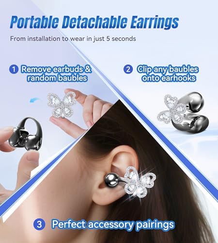 Stylish King Lucky Bluetooth 5.4 Clip-On Earbuds with Chic Detachable Butterfly Earrings – Waterproof Open Ear Design for Ultimate Comfort, 50-Hour Playtime Perfect for Festivals and Parties, Luxurious Rose Gold Gift for Discerning Women