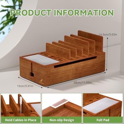Pezin & Hulin Eco-Friendly Bamboo Cable Management Box – Sleek Desktop Organizer with 6 Cables for Tidy Charging Station, Stylish Wire Organizer for Electronic Devices, Enhances Workspace Efficiency and Aesthetics