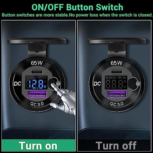 High-Powered 83 W 12 V USB C Car Charger with Smart Voltmeter – Ouffun 65 W PD3.0 & 18 W QC3.0 Fast Charging Adapter for RVs, Marine, and Golf Carts – Durable Aluminum Socket with Integrated Button Switch for Enhanced Device Compatibility and Safety Monitoring