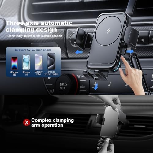 Revolutionary Wireless Car Charger with Auto-Clamping Cup Holder – 15 W Rapid Charging for i Phone 16/15/14/13/12/11 Pro Max and Samsung Galaxy S24 Ultra/S23/S22/S21/S20 – Dual PD & QC3.0 Ports for Enhanced Device Compatibility and Driving Convenience