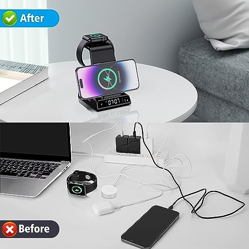 Elevate Your Charging Setup with the Yi JYi 3-in-1 Wireless Charging Station – Fast Charge Your Apple Watch, Air Pods Pro, and i Phone 16/15/14/13/12/11 Pro Max/Samsung Galaxy S23/S22/S21 in a Sleek, Space-Saving Dock Featuring Built-in Digital Clock for Effortless Organization and Modern Style – Perfect for Tech Enthusiasts Seeking Efficiency and Elegance