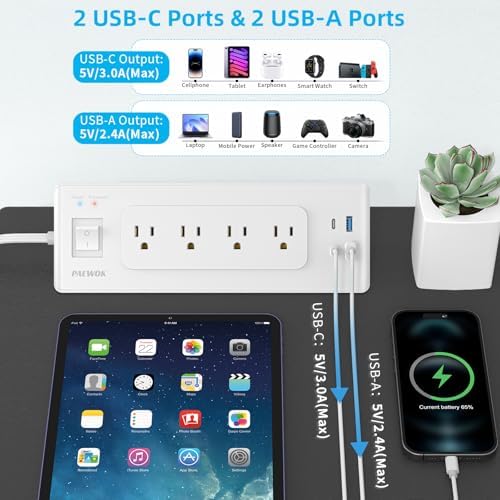 Transform Your Charging Setup with a Versatile Electrical Outlet Extender Featuring USB C – 4 AC Sockets, 15 Amps Surge Protector Power Strip, 6.5 Ft Flat Wall Plug Extension Cord – Ideal for Home Office and Dorm Use – Maximizes Device Connectivity and Fast Charging Efficiency