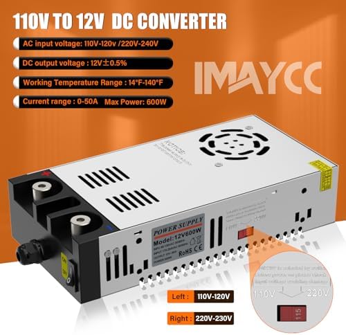 IMAYCC 600 W Adjustable AC to DC Converter – Efficient 110 V to 12 V Power Supply for Electronics and Automotive Applications, 50 A Output, Enhanced Safety Features, Compact Design for Easy Installation and Portability