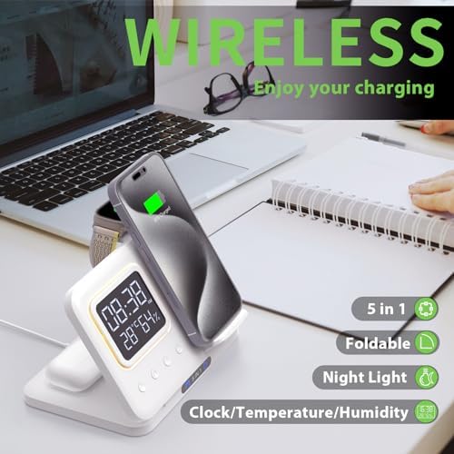 Ultimate Foldable 3-in-1 Wireless Charging Station for Apple Devices – Fast Multi-Device Charger with Integrated Clock for i Phone 16/15/14 Pro Max, Apple Watch Series 10/9/8/7/6/5/4/SE, and Air Pods Pro – Travel-Friendly and Compact Design for Effortless Charging on the Go