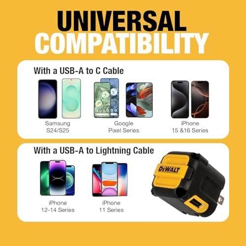 DEWALT Heavy Duty Angled Dual Port USB Charger – 12 W Wall Adapter for Fast Charging Multiple Devices, Foldable Plug for Optimal Portability, Compatible with i Phone 15, Galaxy S22, Note 20, HTC, Moto, and LG – Superior Speed and Enhanced Durability for Home and Travel