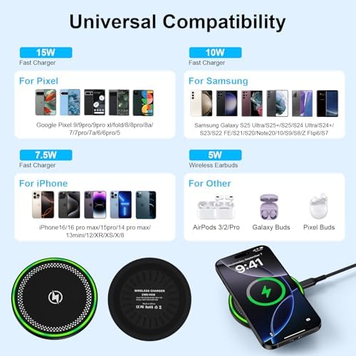 Ultimate 15 W Fast Wireless Charging Pad for Google Pixel 9 Pro, Samsung Galaxy S25 Series, and i Phone 16 – Case-Friendly, Non-Slip Design with Smart Safety Features for Efficient Power Delivery and Device Protection