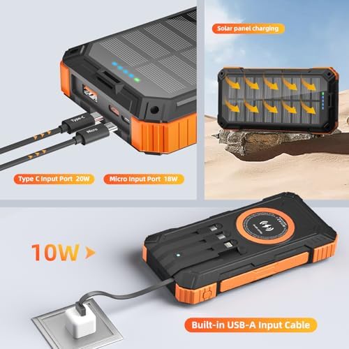 Ultimate 49800 m Ah Solar Power Bank – Wireless Fast Charger with 22.5 W QC3.0, Multi-Device Capability, Built-In Cables & Emergency LED Flashlight – Ideal Outdoor Companion for Smartphones and Tablets, Durable & Waterproof Design for Adventurers