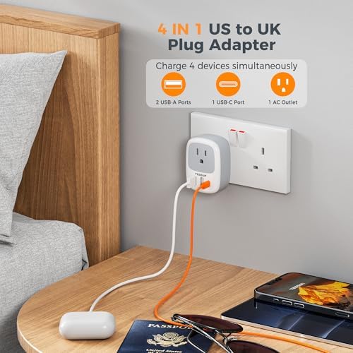 TESSAN Universal Type G UK Travel Adapter with 3 USB Ports & USB-C Charger – Effortless US to UK Plug Conversion for Global Travelers to England, Ireland, Qatar, Hong Kong, Dubai, and More – Compact Power Solution for Fast and Safe Device Charging