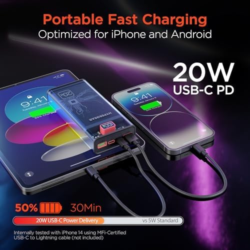 Ultra-Fast Hyper Gear 10,000 m Ah Power Bank – High-Performance Portable Charger with 3 USB Ports, 20 W USB-C Power Delivery, Slim Design with LED Display, Optimized for i Phone 16/15, Galaxy 23, and More Devices – Enhanced Speed and Universal Compatibility
