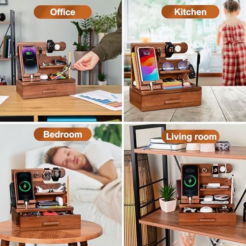 TESLYAR Wood Phone Docking Station with Drawer – Nightstand Organizer – Desk Organizer for Husband – Birthday Gifts for Men, Dad, Anniversary Idea, Key Holder Stand Watch & Accessories (Bourbon Brown) – Enhanced Compatibility and Speed