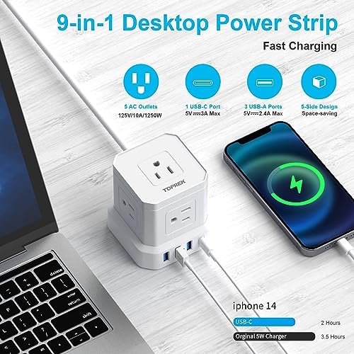 TOPREK Ultra-Slim 5-Outlet Power Strip with USB-C and USB-A Ports – 5 FT Flat Extension Cord Surge Protector for Efficient Charging in Home, Office, and Travel – Compact Design for Enhanced Portability and Safety