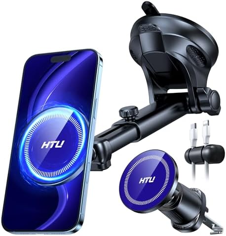 HTU for MagSafe Car Phone Mount Magnetic Phone Holder for Windshield Vent Dashboard Magnetic Suction Phone Mount for iPhone 16/15/14/13/12 & Android (Black) – Enhanced Compatibility and Speed