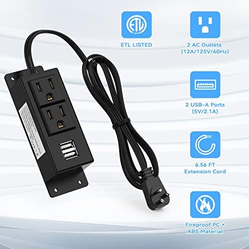 Kungfuking Wall-Mountable Power Strip with USB Ports – 6.56 FT Surge Protector Extension Cord Featuring 2 AC Outlets and Flat Plug Design for Enhanced Charging Flexibility and Device Safety