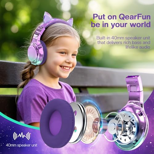 Elevate Your Child’s Listening Experience with Qear Fun Purple Cat Ear Bluetooth Headphones – 60 Hours of Playtime, Safe Volume Control (74/85/94 d B), Ultra-Portable Foldable Design, Advanced Bluetooth 5.3 Connectivity, and Built-in Mic for Girls – Perfect for School, Travel, and On-the-Go Fun