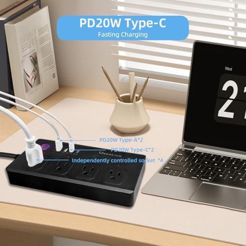 Smart Power Strip with Voice Control – Usee Link 4 AC Outlets & 4 USB Ports (2 A, 2 C) Surge Protector, 5 ft Cord, Wi-Fi Enabled for Alexa & Google Home, No Hub Required, Sleek Black Design for Modern Charging Solutions
