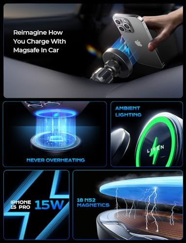LISEN for 15W MagSafe Car Mount Charger,2025 Super Solutions for All Cars,100% Ultra Stabilized Clip & Nano Adhesive Base,Charge While Using Fits iPhone 16 15 14 13 12,Samsung with MagSafe – Enhanced Compatibility and Speed