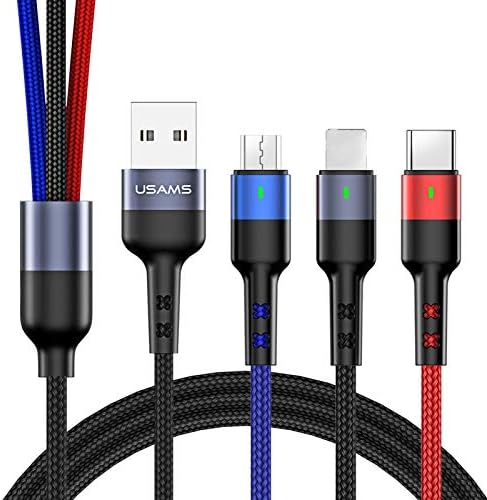 USAMS 3-in-1 Nylon Braided USB Charging Cable – 1 ft Short Adapter with Type-C, Micro USB & Lightning Connectors for Enhanced Compatibility and Fast Charging – Ideal for Smartphones & Portable Use