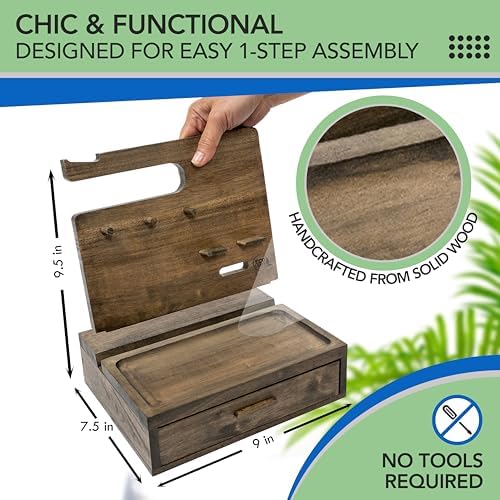 Nightstand Organizer- Rustic Bedside Organizer with Drawer for Cellphone, Watches, Headphone, Sunglasses, & Accessories- Makes an Ideal Gift for Dad or Son – Enhanced Compatibility and Speed