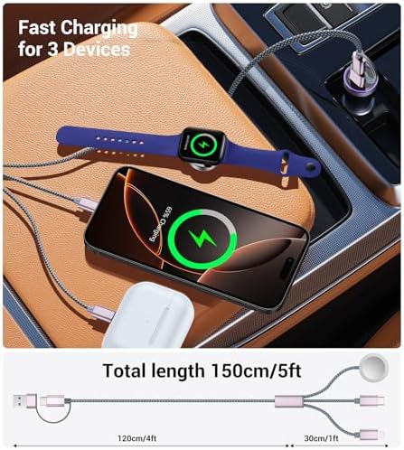 Temdan 3-in-2 USB C Charging Cable: Versatile Multi-Device Charger for Apple Watch Ultra, SE & i Phone 12-16 – Rapid Charge, Compact Travel Essential – Stylish Pink Smartwatch Accessory for On-the-Go Power Solutions
