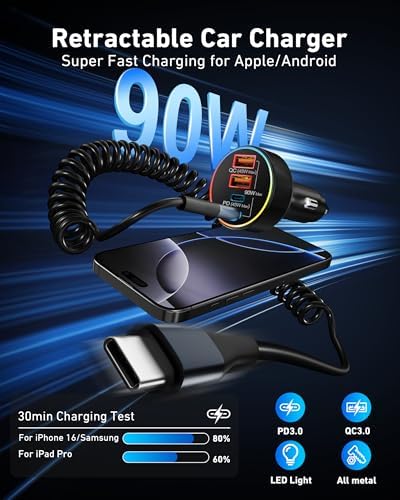 90 W 4-Port USB C Car Charger with 6 FT Coiled Cable – Super Fast Charging for i Phone 16/16 e/15 Pro Max/Plus, Samsung Galaxy S25/S24, Pixel & Android Devices – Ultimate Travel Companion for Multiple Devices with Enhanced Compatibility and High-Performance Output