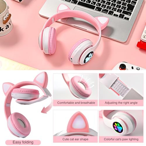 Playful Cat Ear Bluetooth Headphones for Kids – Foldable Over-Ear Design with LED Lights, Safe Listening Volume Control, Built-in Microphone, and Multi-Device Connectivity – Ideal for Music, Movies, and Gaming on i Phones, i Pads, Smartphones, and More!