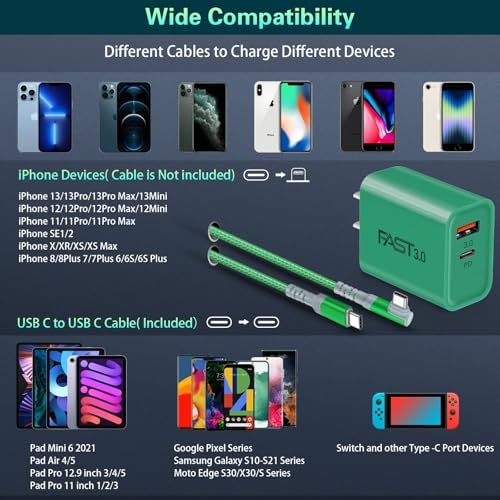 Dual Port Fast Charging Wall Adapter with 10 FT Right-Angle USB C Cable – 20 W USB-C Power Block for i Phone 16/15, Samsung Galaxy S25 Ultra, S24, S23, S10 – Efficient Charging Convenience for Home, Office, and Travel