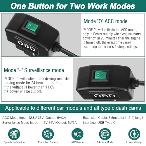 MEIRIYFA OBD OBD2 Power Cable for Dash Camera OBD to USB Type C Right Angle Hardwire Charger 90° Degree Wire Cord,12V-24V to 5V 3A 24 Hours Surveillance/Acc Mode with Switch Button (USB Type C) – Enhanced Compatibility and Speed