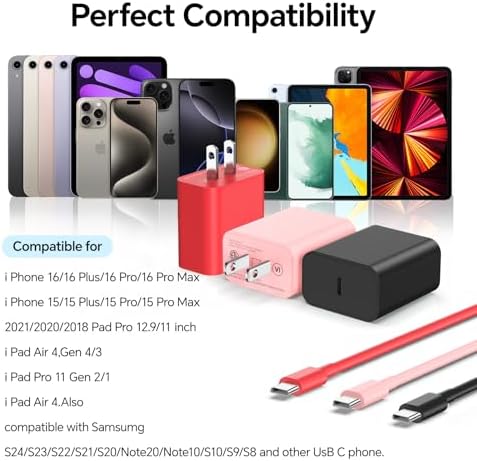 Revamp Your Charging Routine with the Vibrant 3-Pack 20 W USB-C Fast Charger Set for i Phone 16/15 – Featuring 10 FT USB-C Cable in Eye-Catching Pink, Red, and Black – Perfect Power Delivery for i Phone 15 Pro/Pro Max & i Pad Pro – Compact, Lightweight, and Stylish Charging Solution for Home and Travel Use