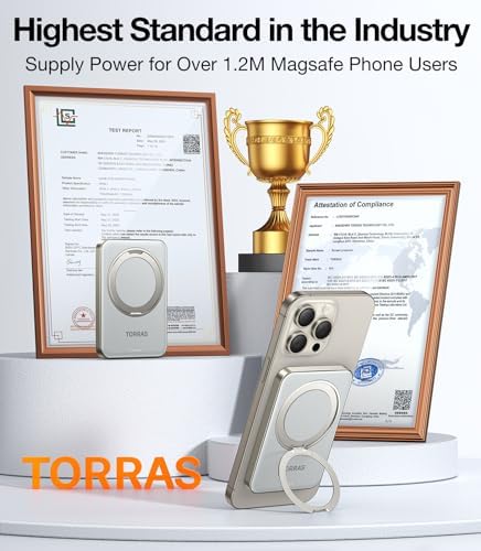 TORRAS 5,000 m Ah Magnetic Power Bank – Ultra-Slim Fast Wireless Charger with Built-in Stand for i Phone 16 Series – Convenient Portable Battery Pack for On-the-Go Charging – Enhanced Compatibility & Speed in Sleek Black Design