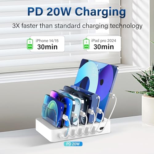 68 W Multi-Device Charging Station: 6-Port USB Dock with 20 W Fast Charging for i Phone, i Pad, and More – Sleek White Design with Included Cables for Ultimate Convenience and Efficiency
