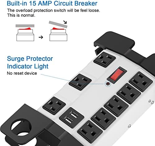 Industrial Heavy Duty Power Strip with 8 Outlets & USB Ports – 2700 Joules Surge Protector for Workshop & Garage – 15 Amp Metal Power Strip with 6 FT Extension Cord for Enhanced Device Compatibility & Fast Charging
