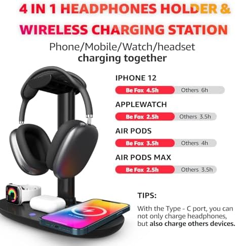 Sleek 4-in-1 Wireless Charging Headphone Stand – Universal Dock for i Phone, Apple Watch, Air Pods, and All Headphone Sizes – Fast Charging Hub for Samsung Galaxy, LG, Huawei – Elegant White Desk Organizer for Tech Enthusiasts