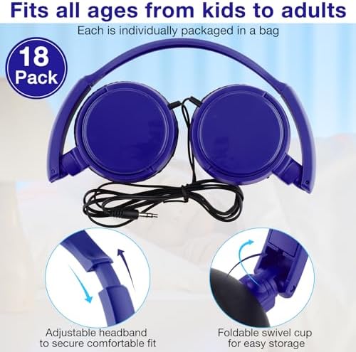 Yunsailing 18-Pack Adjustable Over-Ear Headphones for Students – Durable and Hygienic Wired Classroom Audio Solution with Individually Wrapped Earbuds for Optimal Learning Engagement (Black)