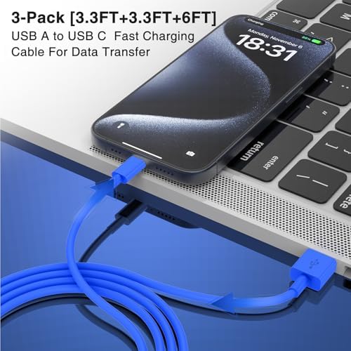 3-Pack Black [3.3FT+3.3FT+6FT] USB A to USB C Cable，USB to USB C Car Carplay Cable for iPhone 16 15 Pro Plus Pro Max，for iPad Pro/Air/Mini，for Samsung S24/S23/S22，for MacBook Pro/Air and More – Enhanced Compatibility and Speed