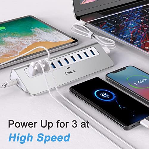 Ultimate 10-Port USB Hub 10 Gbps – Powered Aluminum Data Hub with 7 USB 3.1 Ports & 3 Fast Charging Ports for Mac, PC, and Laptop – 36 W Power Adapter Included, Type A & C Connectivity for Enhanced Performance and Speed
