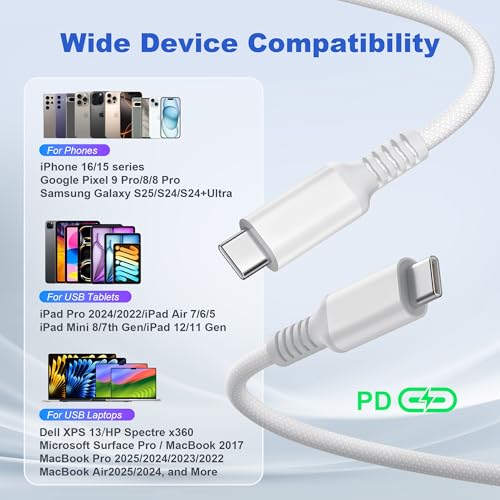 Basesailor 10 ft USB C to USB C Power Delivery Charging Cable – 100 W Fast Charger for i Phone 16/15 Pro Max, Mac Book, i Pad Air 4/5, Mini 6, and Samsung Galaxy S22/S23/S24/S25 – Durable 2 Pack for Enhanced Speed and Efficiency