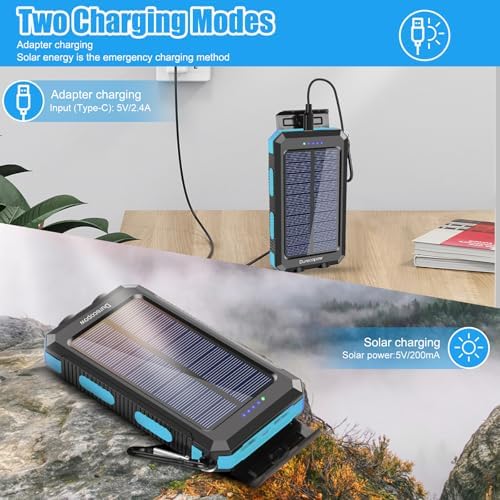 High-Capacity 20,000 m Ah Waterproof Solar Charger Power Bank for Outdoor Adventures – Dual USB-C Fast Charging with Built-in LED Flashlight and Compass (Orange) for Ultimate Portability and Reliability