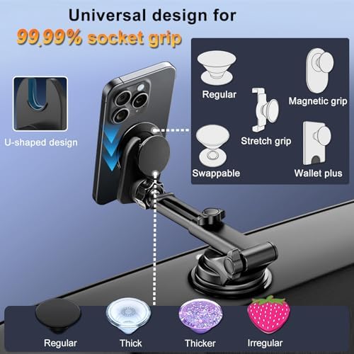 Pop Socket-Compatible Car Phone Mount – Advanced Dashboard & Windshield Holder with Robust Suction Technology for All Smartphones – 360-Degree Rotation for Optimal Hands-Free Navigation & Enhanced Driving Safety – Sleek, Modern Aesthetic for Today’s Vehicles – Effortless One-Handed Adjustments