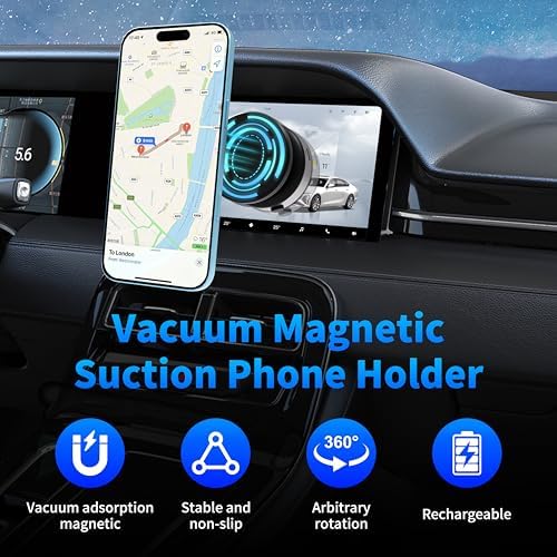 Ultra-Strong Magnetic Car Phone Holder with Vacuum Suction for Any Smooth Surface – 360° Rotating MagSafe-Compatible Phone Mount for iPhone/Android, Dashboard Windshield Car Accessories. Black – Enhanced Compatibility and Speed
