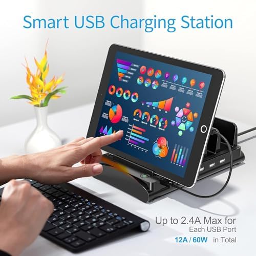 Bototek 60 W Multi-Device Charging Hub – 6-Port USB Fast Charger Dock for i Phones, i Pads, Smartphones & Tablets – Sleek Black Power Station with Advanced Safety Technology for Optimal Device Organization in Home & Office Spaces