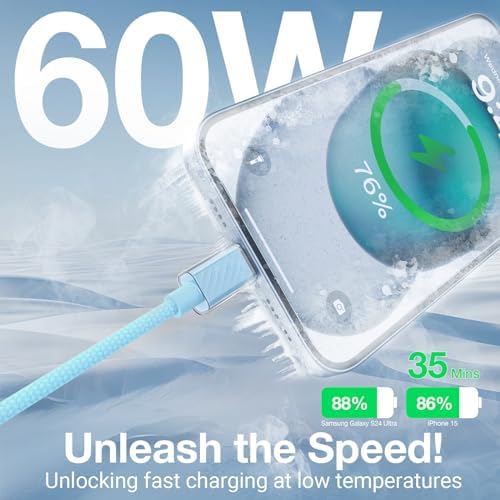 Revolutionize Your Charging Routine with the 2024 USB C Cable 60 W Fast Charging 3-Pack – Featuring 3 ft, 6 ft, & 6 ft Durable Cords, Enhanced with Ice Cool Technology for Optimal Performance with i Phone 16/16 Pro Max & Samsung Galaxy S23 – Reliable, Overheat-Proof Power Delivery for Home, Office & On-the-Go Convenience