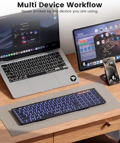 Proto Arc XK01 Plus Backlit Foldable Bluetooth Keyboard – Ultimate Portable Multi-Device Wireless Keyboard for Travel, Featuring Rechargeable Battery and Full-Size Design for i Pad, Tablet, Smartphone, Laptop, and PC Use