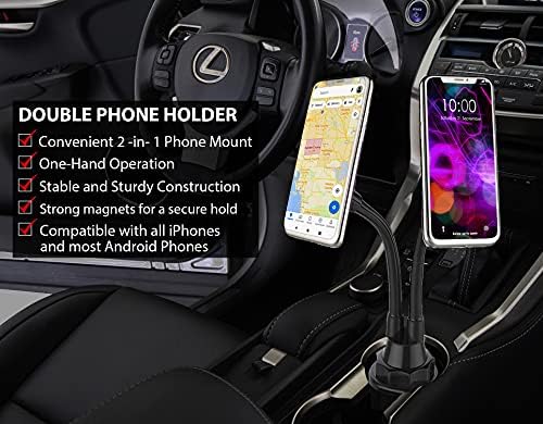 Dual Device Car Cup Holder Mount – Flexible Neck & 360° Rotatable Cradle for Enhanced Navigation – Universal Fit for i Phone, Samsung & GPS – Perfect for Hands-Free Convenience on the Road
