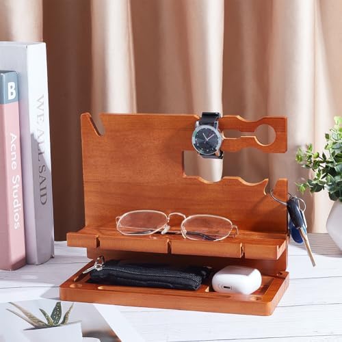 Premium Wood Phone Docking Station Organizer – Multifunctional Nightstand & Desk Accessory for Smartphones, Watches, and Wallets – Ideal Gift for Men on Anniversaries, Birthdays, or Father’s Day – Stylish Clutter-Free Design with Enhanced Device Compatibility