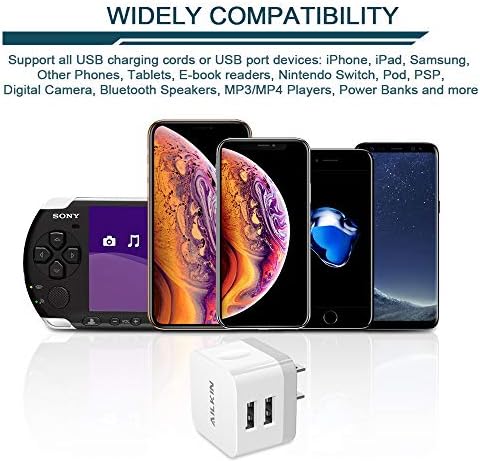 AILKIN Dual Port USB Wall Charger Pack – 2.4 A Fast Charging Power Cube for i Phone 15/14/13/12 Pro Max & Samsung Devices – Compact Travel Adapter for Simultaneous Device Charging – Sleek White Design for Home & Office Use