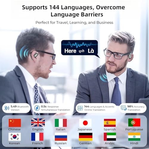 AI-Enhanced Translation Earbuds for i Phone & Android – 144-Language Real-Time Communication Device with Bluetooth Connectivity, Noise-Cancellation, and 3-in-1 Functionality for Music, Calls, and Conversations – Ergonomic Design with Portable Charging Case for Effortless Global Engagement