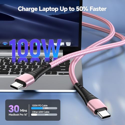 Premium 10 FT USB C to USB C Charger Cable – Dual Pack 100 W Fast Charging, Nylon Braided Design for i Phone 16 Series, Mac Book, and Samsung Galaxy S24 – Stylish Pink Color for Enhanced Durability and Flexibility