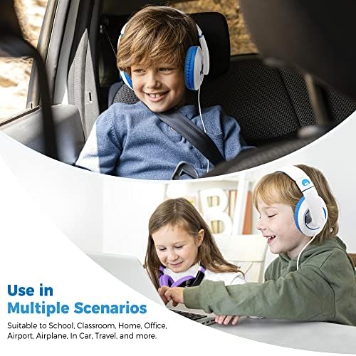 Rockpapa Kids Over-Ear Headphones – Lightweight Wired Audio Gear for School, Travel, and Home – Stylish White and Blue Design for Boys and Girls – Immersive Sound Quality with Adjustable Comfort and Durable Build for Young Audiophiles