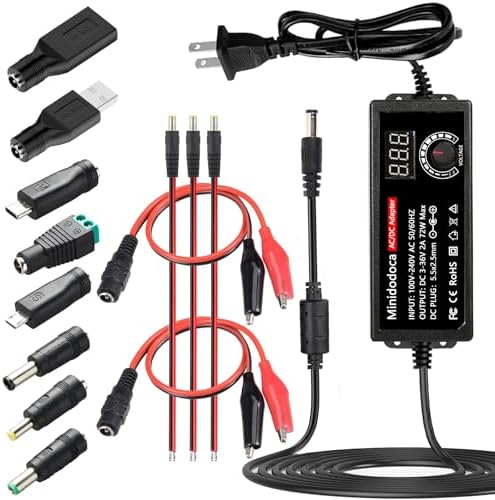 Universal 72 W Adjustable AC/DC Power Supply with LED Voltage Display – Minidodoca 3 V-24 V Adapter for Efficient Household Electronics Charging – 3000 m A Output with 16 Interchangeable Tips for Maximum Compatibility and Convenience