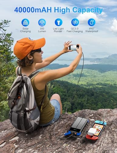 Ultimate 40000 m Ah Solar Power Bank – All-in-One Charging Solution with 20 W Fast Charge, Built-in 4 Cables, and Dual LED Flashlights for Outdoor Essentials – Waterproof, Durable Design for Universal Device Compatibility and Emergency Preparedness